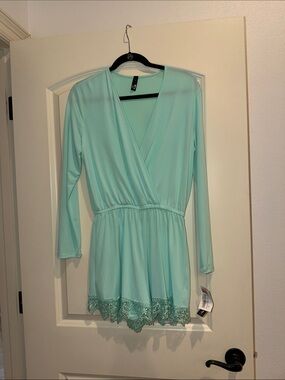Ing Mint Green Long Sleeve Lace Hem Romper